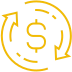 Yellow circle with arrows directing towards a dollar sign, symbolizing financial growth or investment.